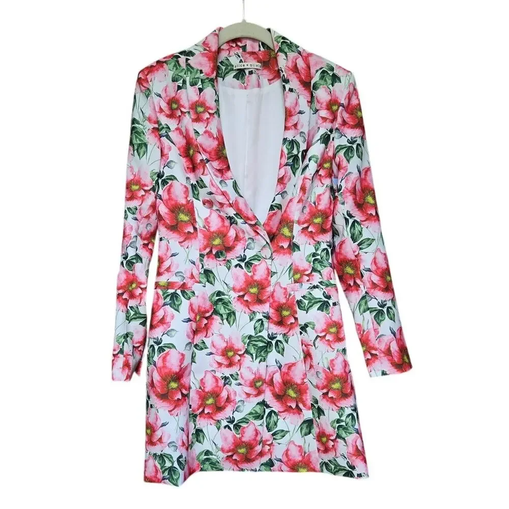Alice +‎ Olivia Floral Plunge V-Neck Mini Dress Blazer Pink White Green Size 4